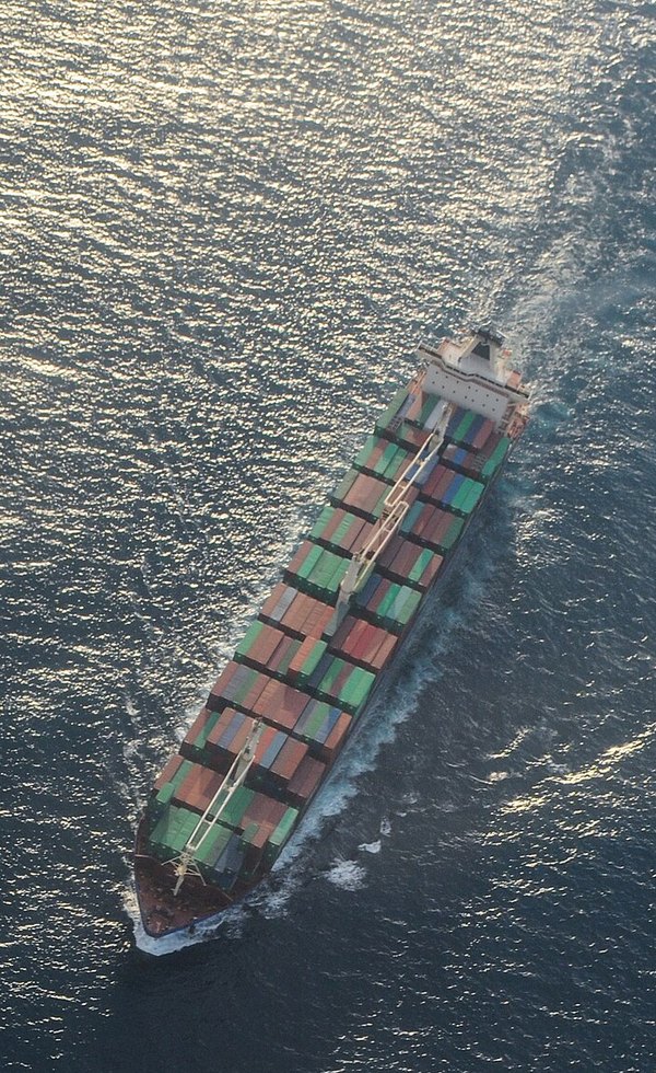Aerial view of a container ship at sea