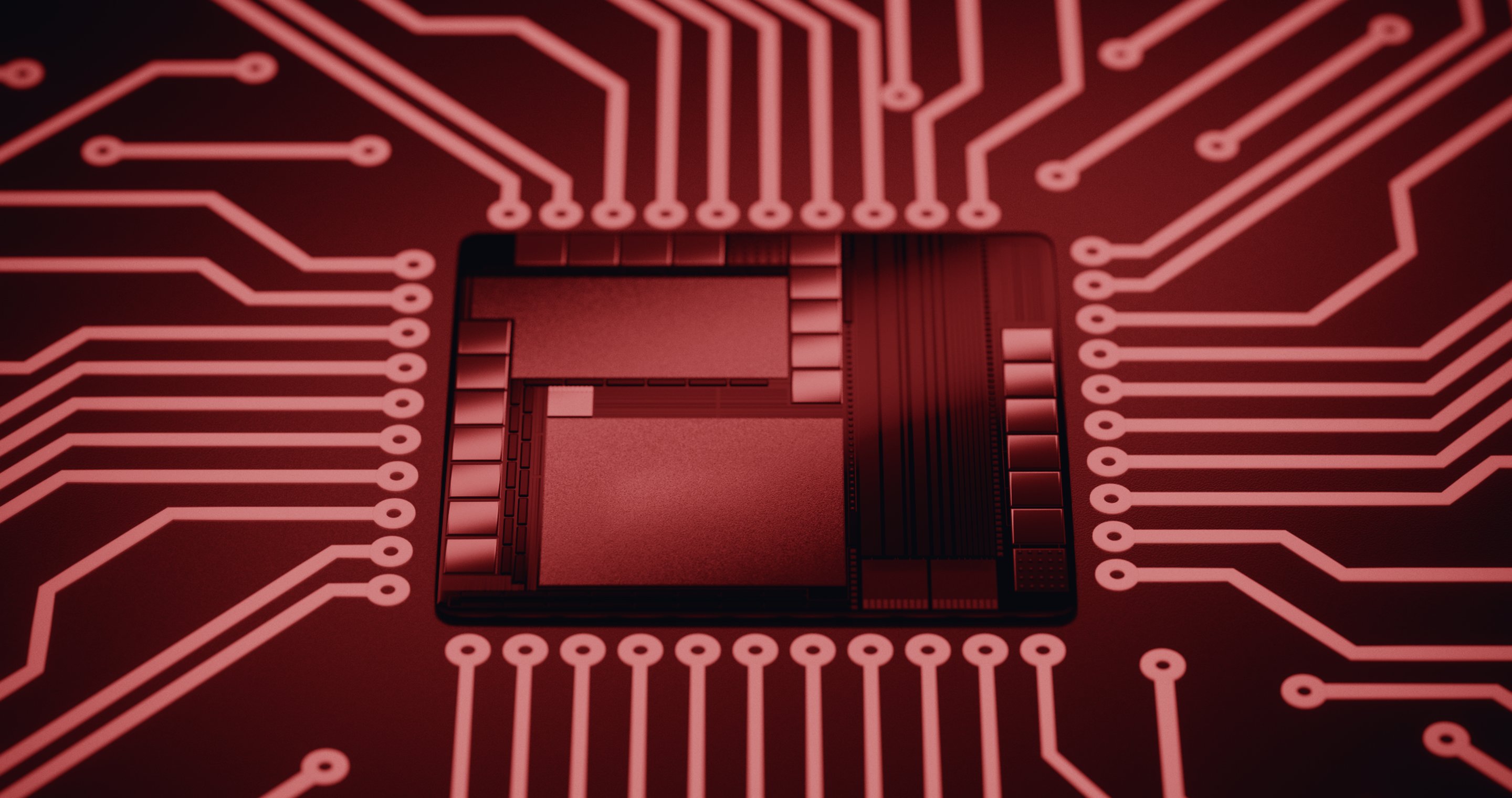 Close-up of a secure chip and its circuit traces