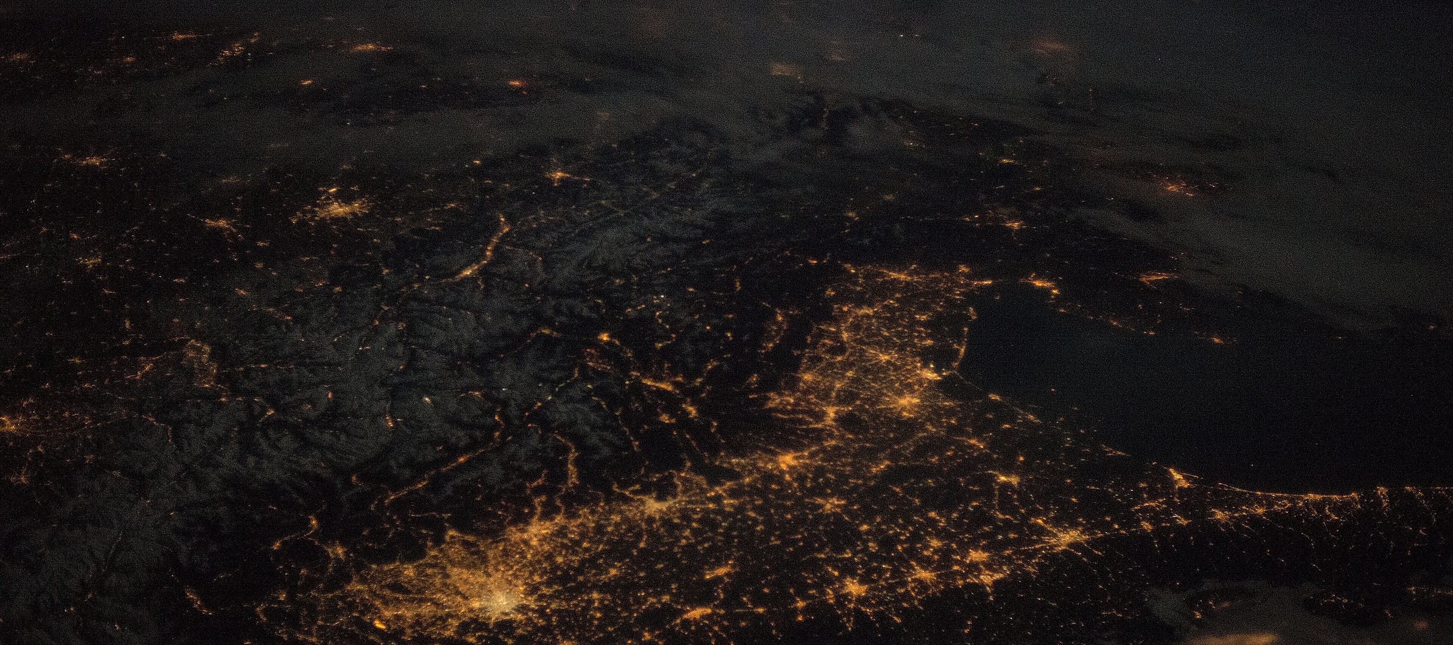 The Alps and Switzerland at night, seen from the International Space Station (NASA)